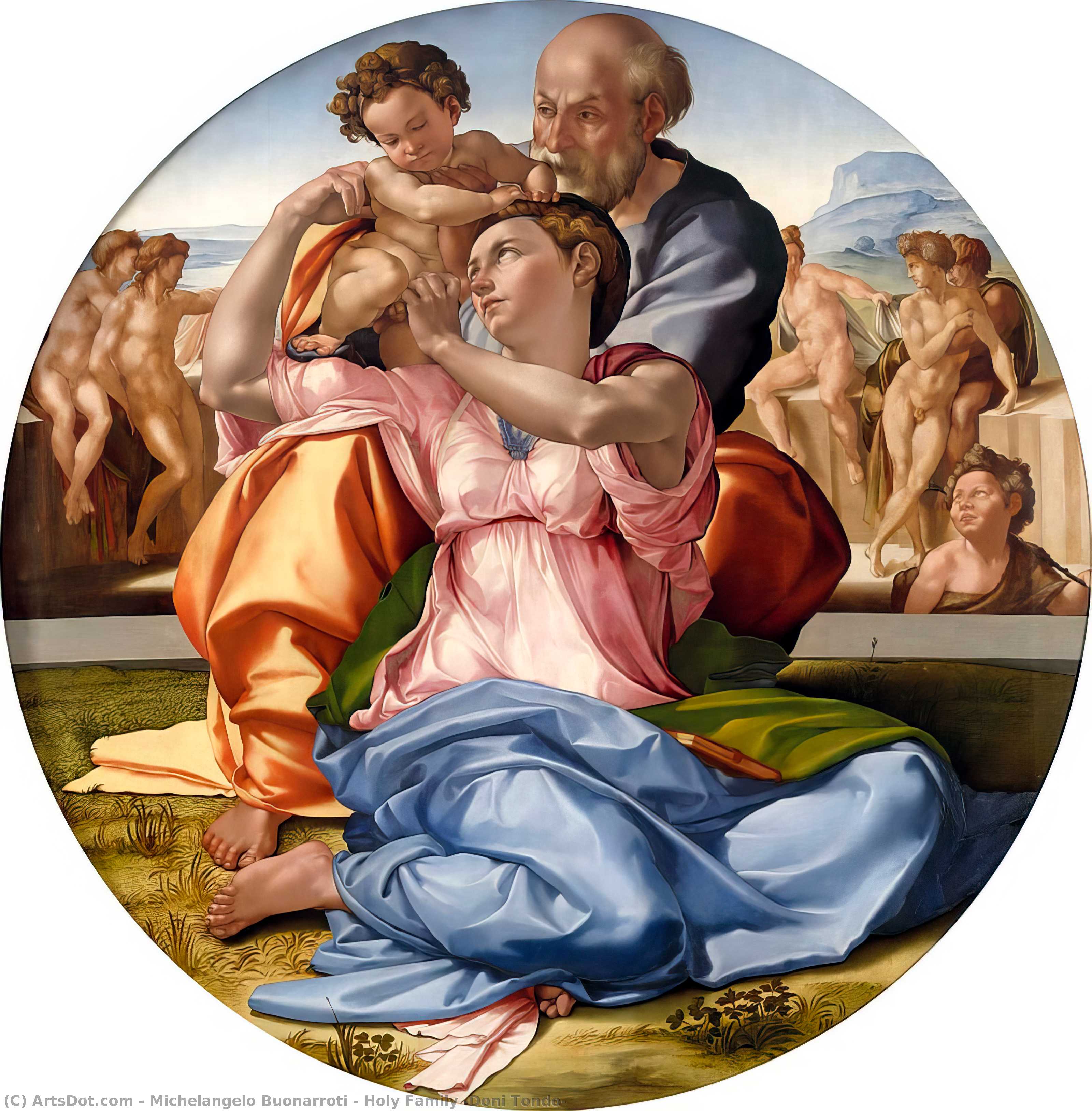 Wikioo.org - The Encyclopedia of Fine Arts - Painting, Artwork by Michelangelo Buonarroti - The Holy Family with the infant St. John the Baptist (the Doni tondo)