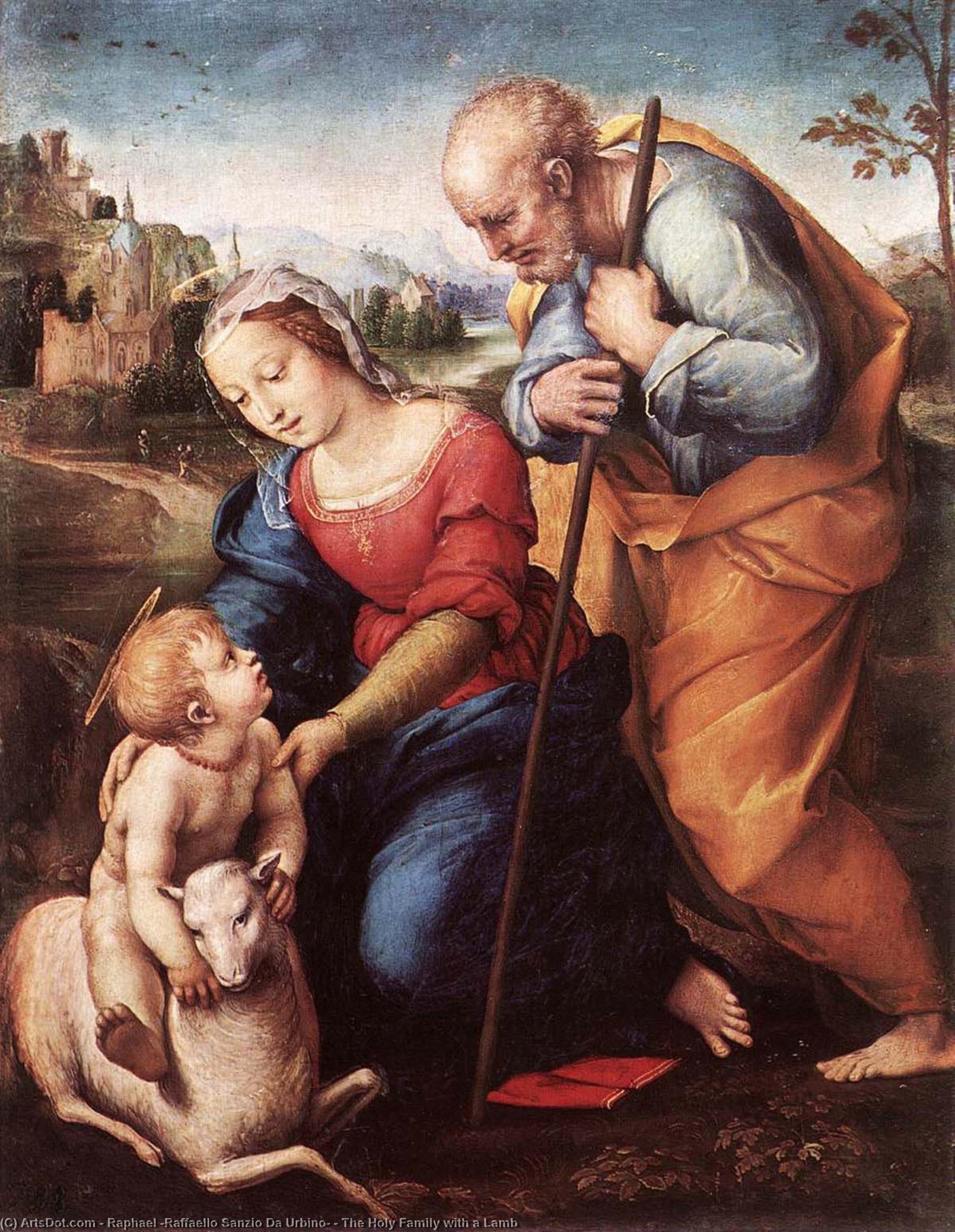 Wikioo.org – L'Enciclopedia delle Belle Arti - Pittura, Opere di Raphael (Raffaello Sanzio Da Urbino) - la sacra famiglia con  Un  agnello