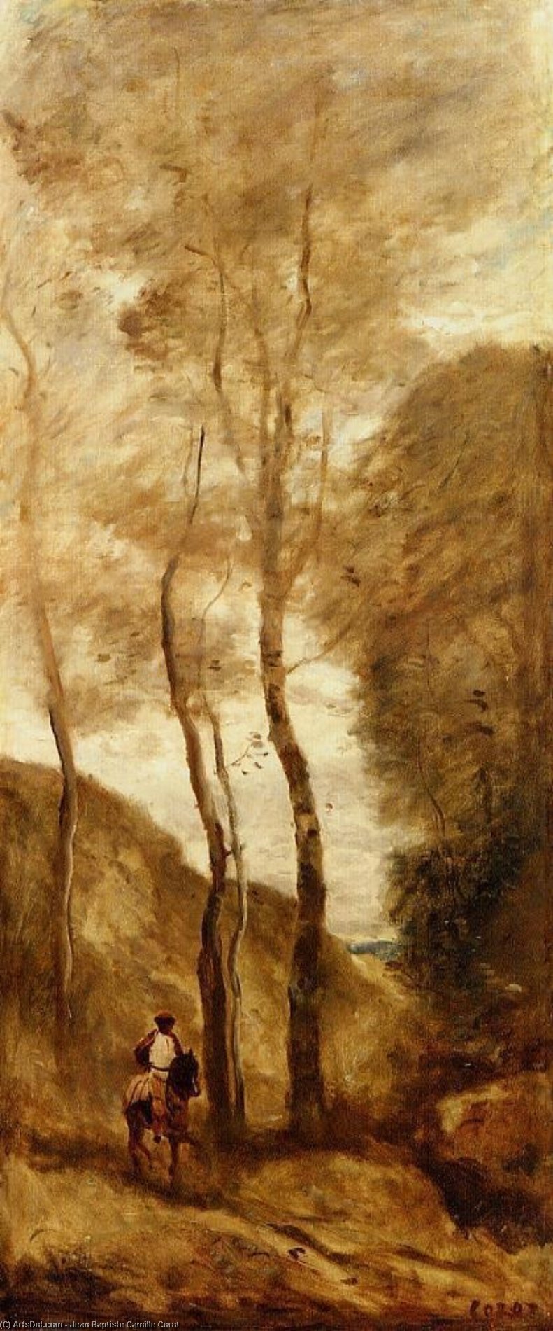 WikiOO.org – 美術百科全書 - 繪畫，作品 Jean Baptiste Camille Corot - 马 和  骑士  在  一个  峡谷
