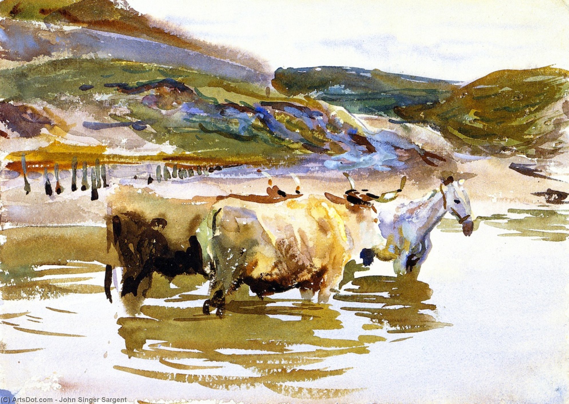 Wikoo.org - موسوعة الفنون الجميلة - اللوحة، العمل الفني John Singer Sargent - A Horse and Two Oxen at a Ford (also known as Oxen Crossing a Ford)