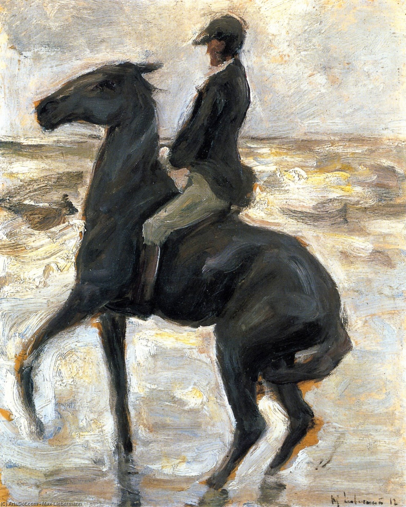 Wikioo.org – La Enciclopedia de las Bellas Artes - Pintura, Obras de arte de Max Liebermann - A caballo Jinete en la playa frente a  porlaizquierda