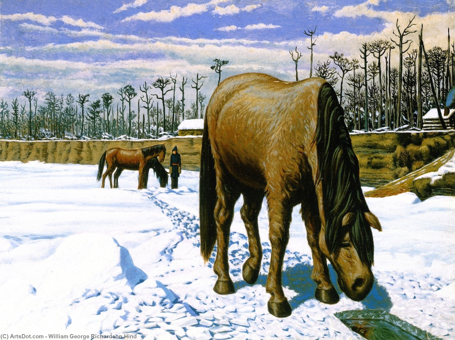 Wikioo.org - The Encyclopedia of Fine Arts - Painting, Artwork by William George Richardson Hind - Horse Drinking at an Ice Hole