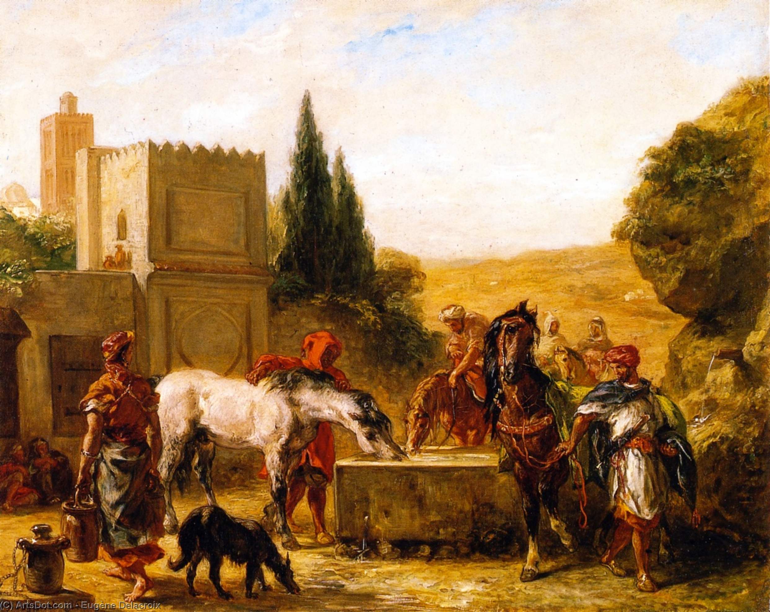 Wikioo.org - The Encyclopedia of Fine Arts - Painting, Artwork by Eugène Delacroix - Horses at a Fountain