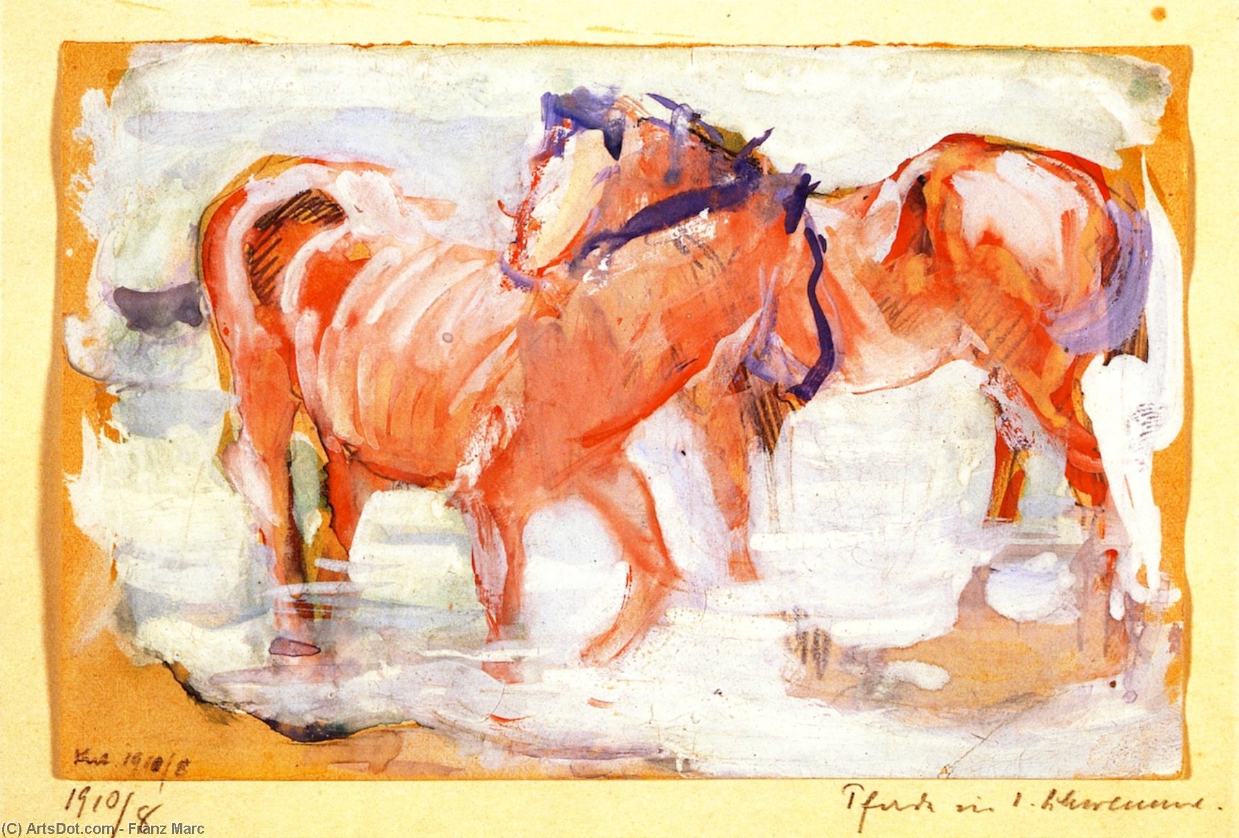 Wikioo.org - The Encyclopedia of Fine Arts - Painting, Artwork by Franz Marc - Horses at a Watering Place
