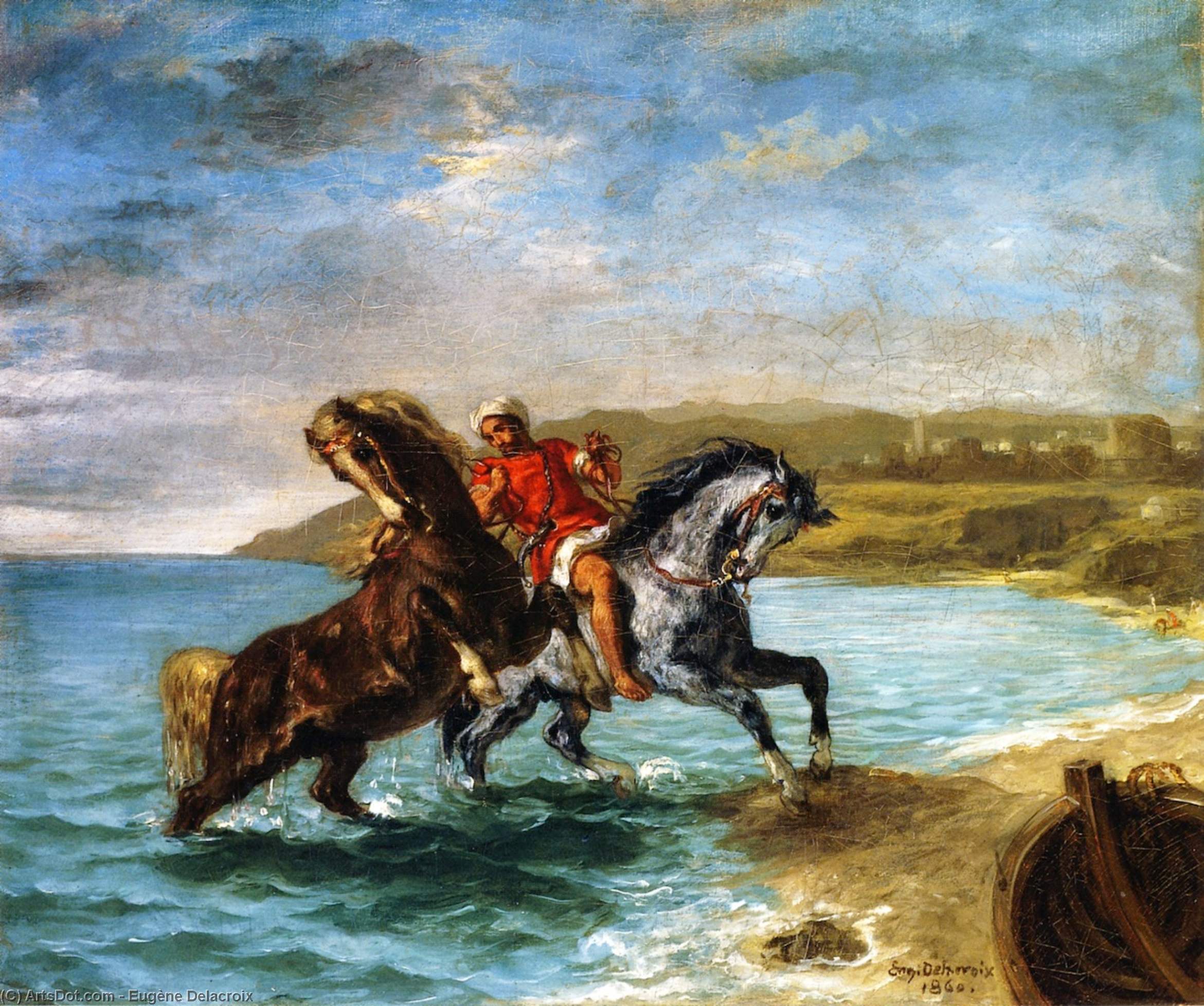 Wikioo.org – L'Enciclopedia delle Belle Arti - Pittura, Opere di Eugène Delacroix - cavalli arrivando fuori dal mare