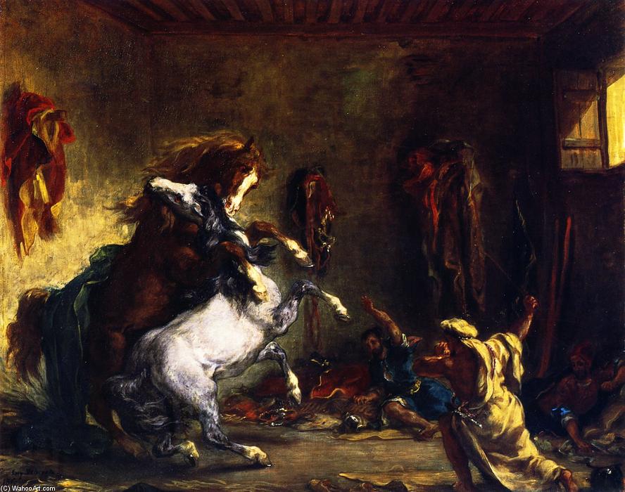 Wikioo.org - The Encyclopedia of Fine Arts - Painting, Artwork by Eugène Delacroix - Horses Fighting in a Stable