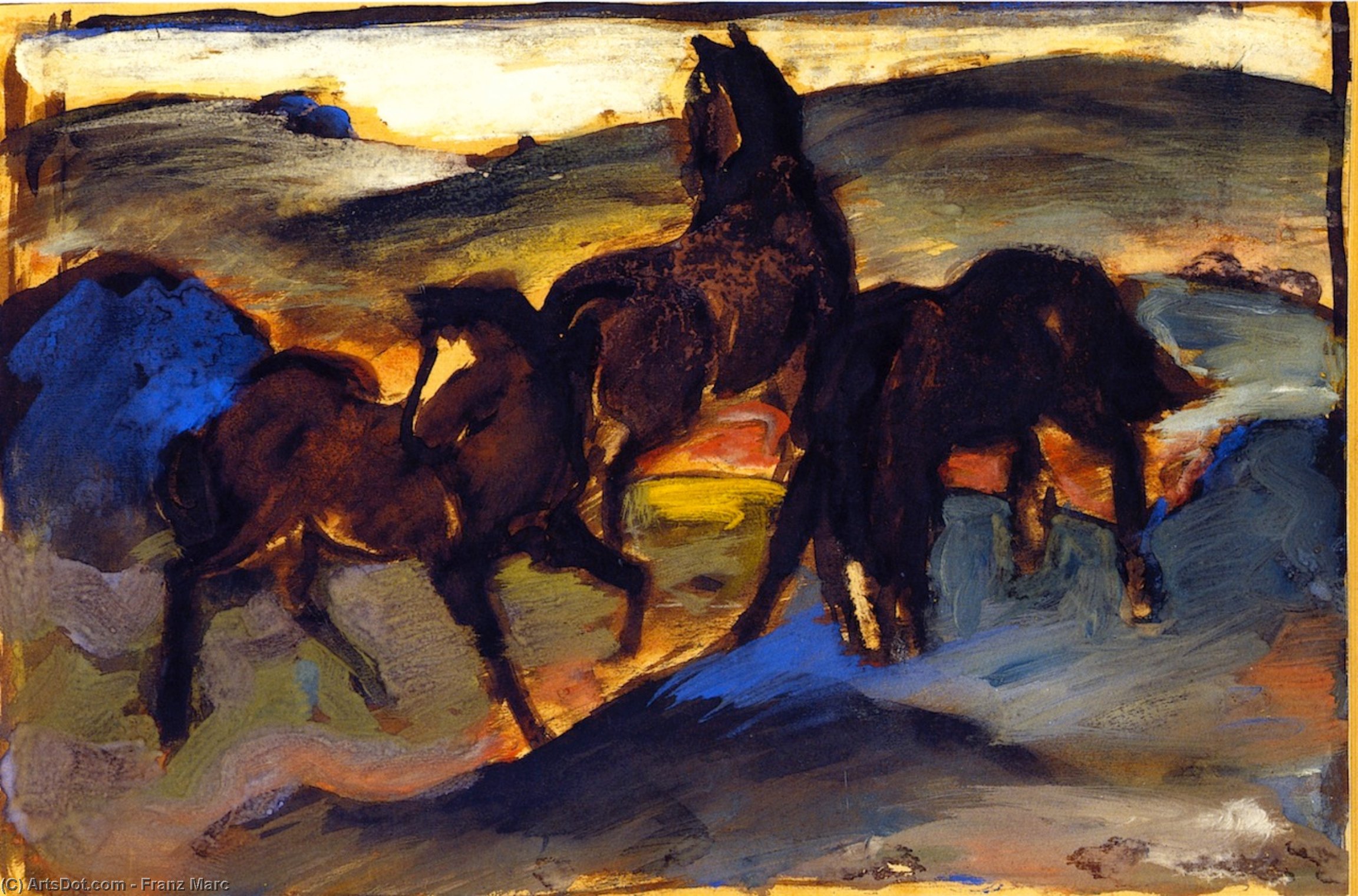 Wikioo.org - The Encyclopedia of Fine Arts - Painting, Artwork by Franz Marc - Horses in a Pasture II (also known as Three Horses)