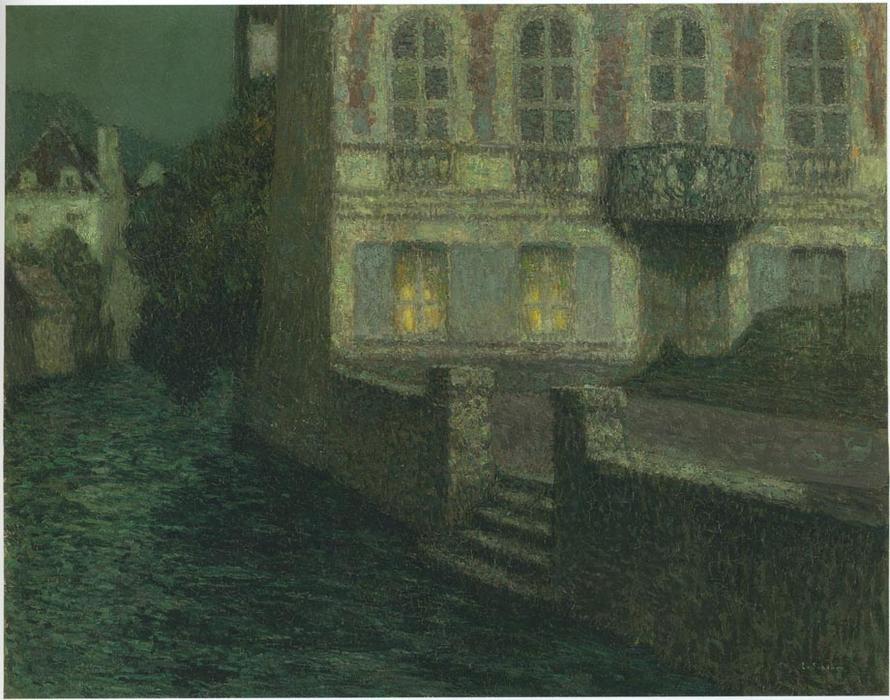 Wikoo.org - موسوعة الفنون الجميلة - اللوحة، العمل الفني Henri Eugène Augustin Le Sidaner - House by the River in full moon