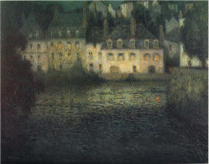 Wikoo.org - موسوعة الفنون الجميلة - اللوحة، العمل الفني Henri Eugène Augustin Le Sidaner - House by the river in full moon