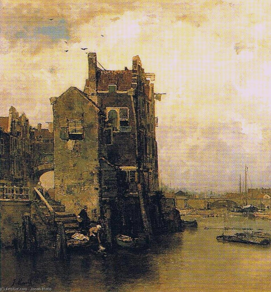 Wikioo.org - The Encyclopedia of Fine Arts - Painting, Artwork by Jacob Henricus Maris - Houses and Washer Women in Dordrecht