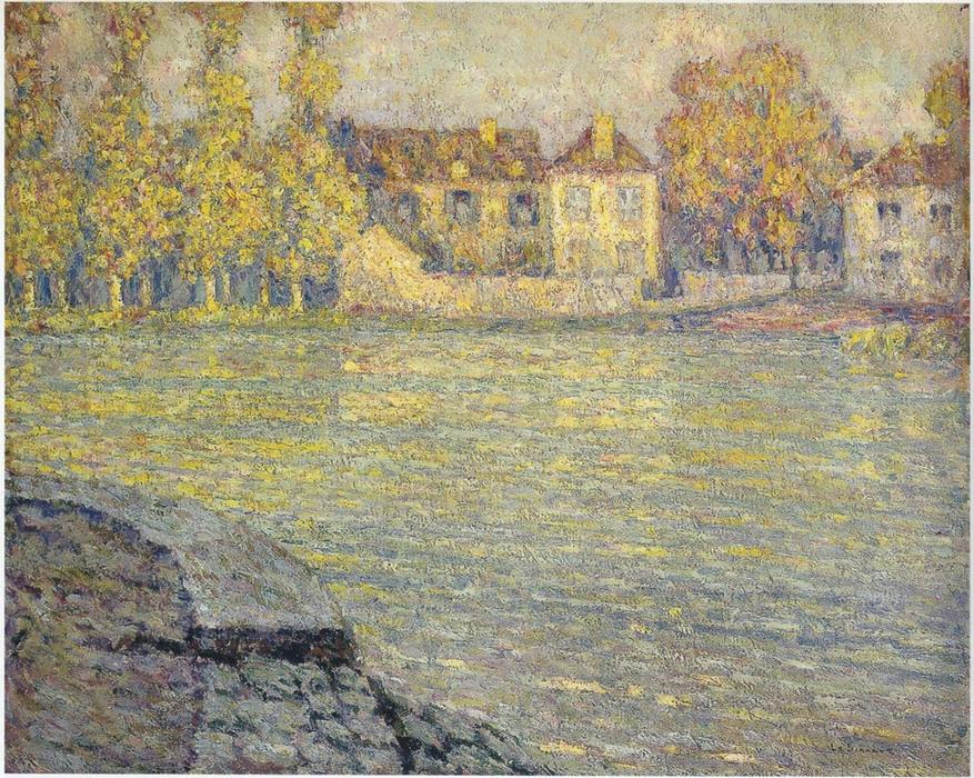 WikiOO.org – 美術百科全書 - 繪畫，作品 Henri Eugène Augustin Le Sidaner - 房屋  由  河 在  日落