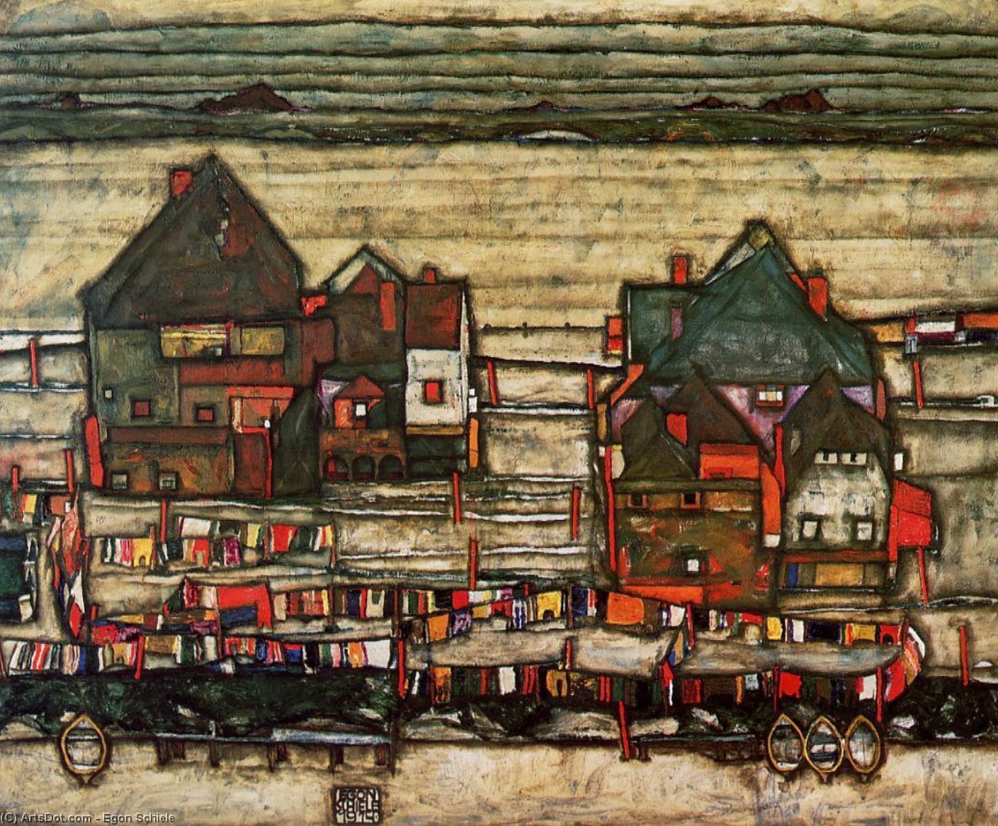 Wikioo.org - The Encyclopedia of Fine Arts - Painting, Artwork by Egon Schiele - Houses with Laundry (also known as Seeburg II)