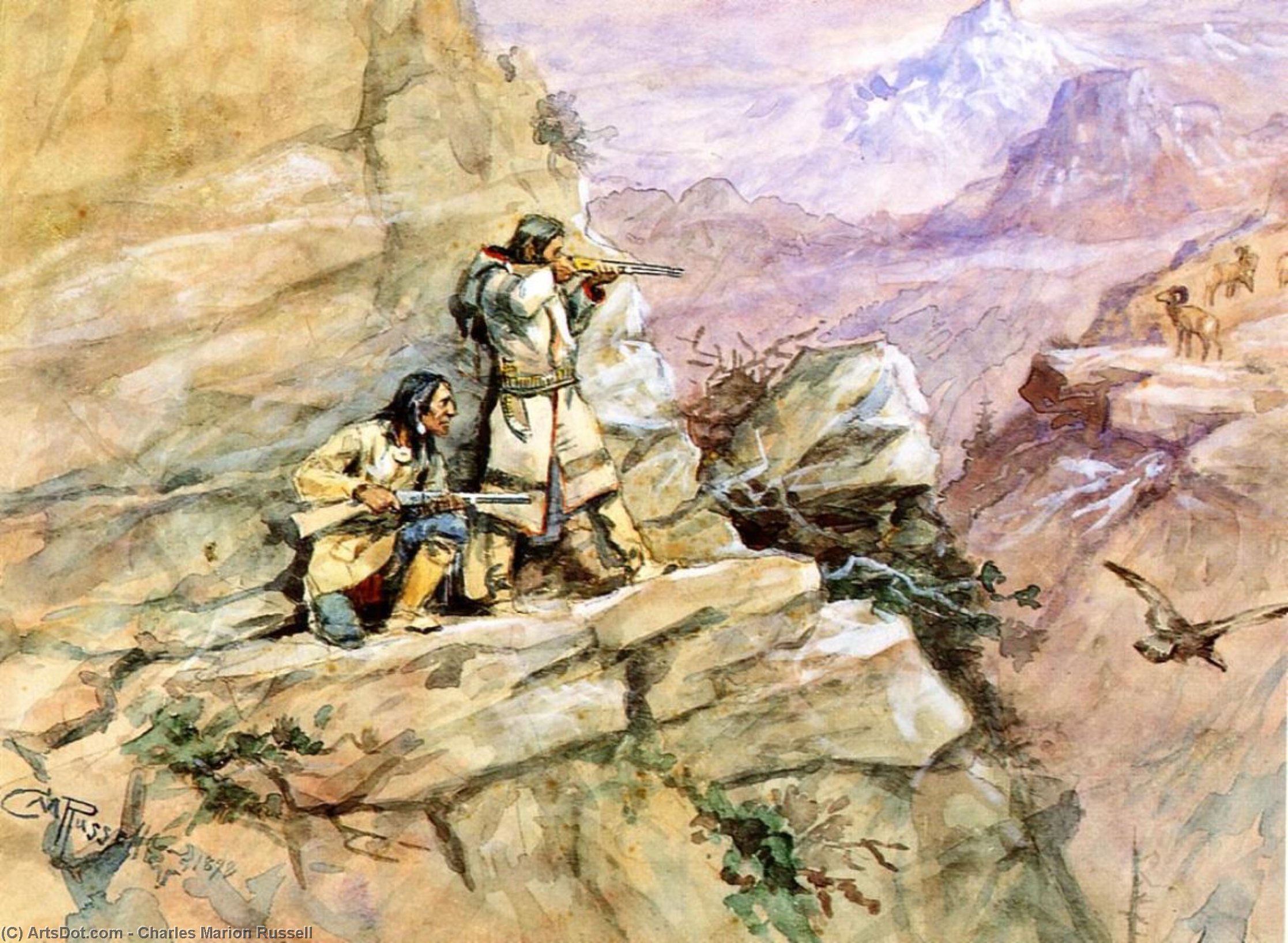 Wikioo.org - The Encyclopedia of Fine Arts - Painting, Artwork by Charles Marion Russell - Hunting Big Horn Sheep