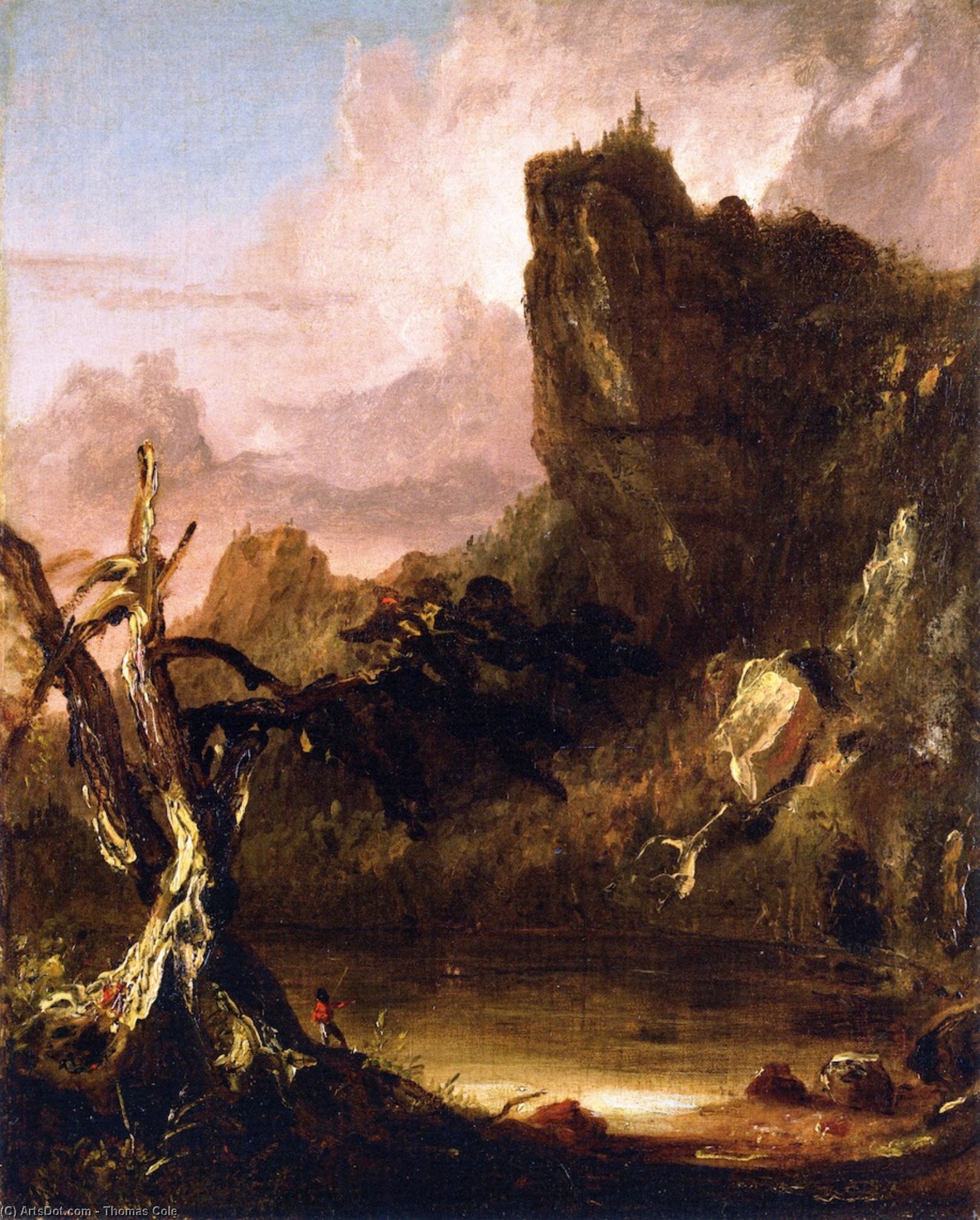 Wikioo.org - The Encyclopedia of Fine Arts - Painting, Artwork by Thomas Cole - Imaginary Landscape with Towering Outcrop