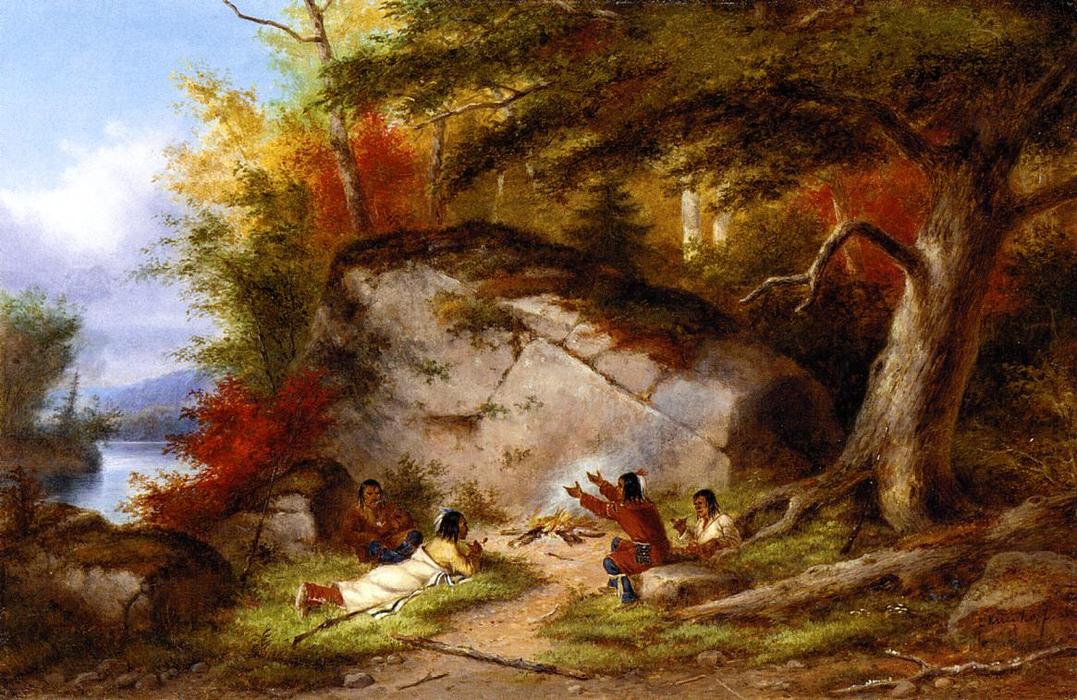 WikiOO.org - אנציקלופדיה לאמנויות יפות - ציור, יצירות אמנות Cornelius David Krieghoff - Indian Campfire at Big Rock