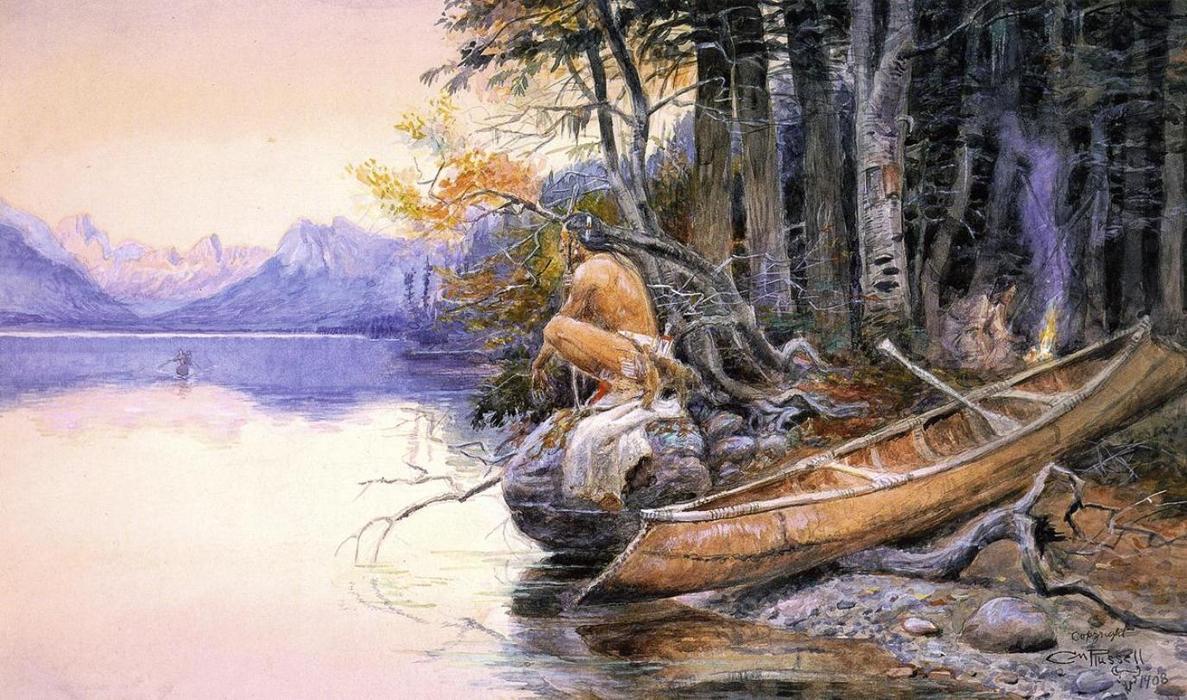 Wikioo.org - The Encyclopedia of Fine Arts - Painting, Artwork by Charles Marion Russell - Indian Camp - Lake McDonald