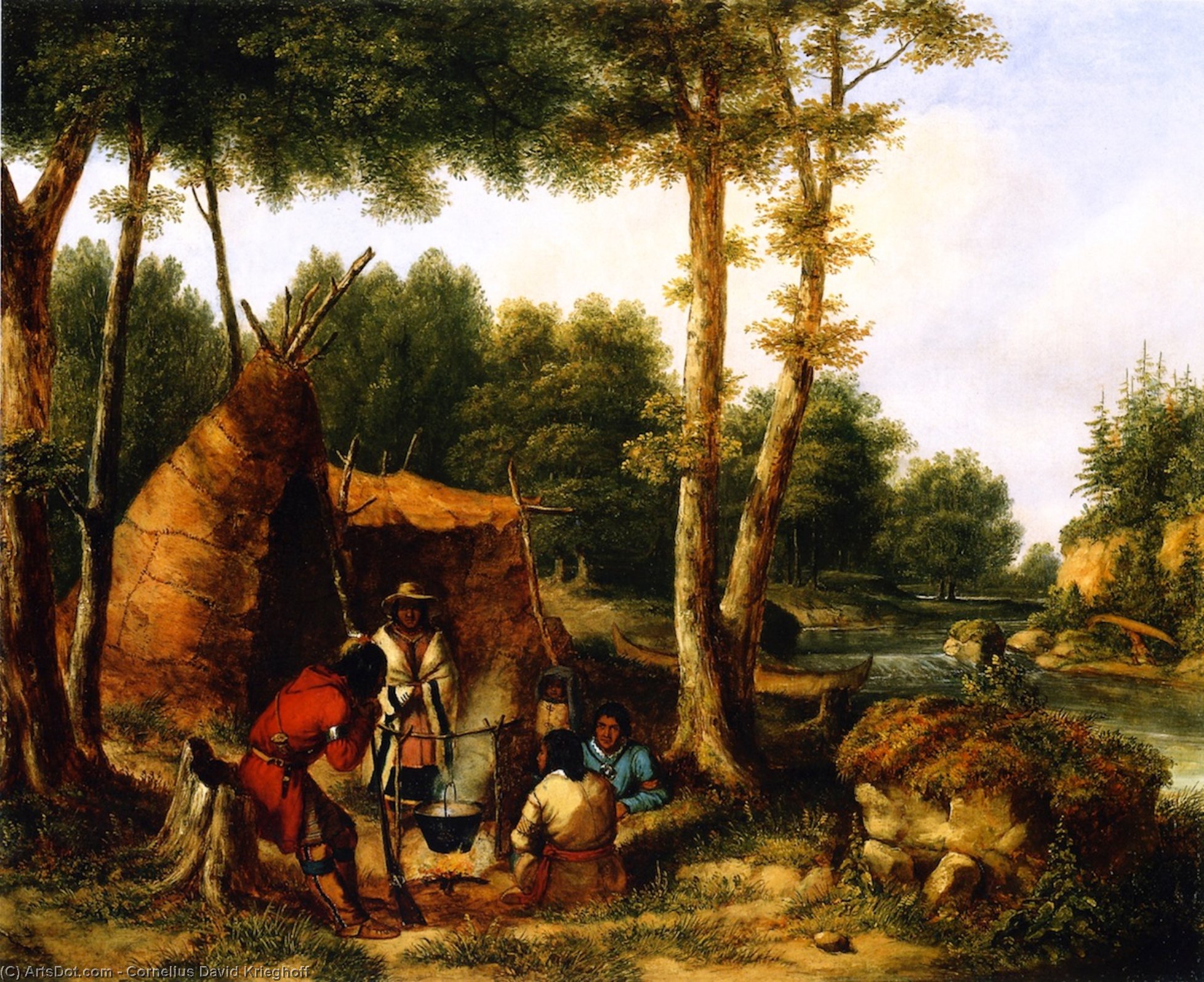 Wikoo.org - موسوعة الفنون الجميلة - اللوحة، العمل الفني Cornelius David Krieghoff - Indian Encampment by a River