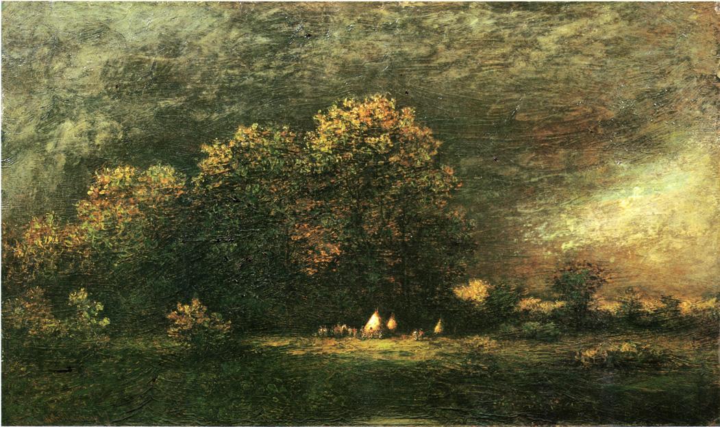Wikioo.org - The Encyclopedia of Fine Arts - Painting, Artwork by Ralph Albert Blakelock - Indian Encampment in a Stormy Landscape