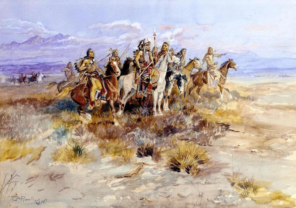 Wikioo.org - The Encyclopedia of Fine Arts - Painting, Artwork by Charles Marion Russell - Indian Scouting Party