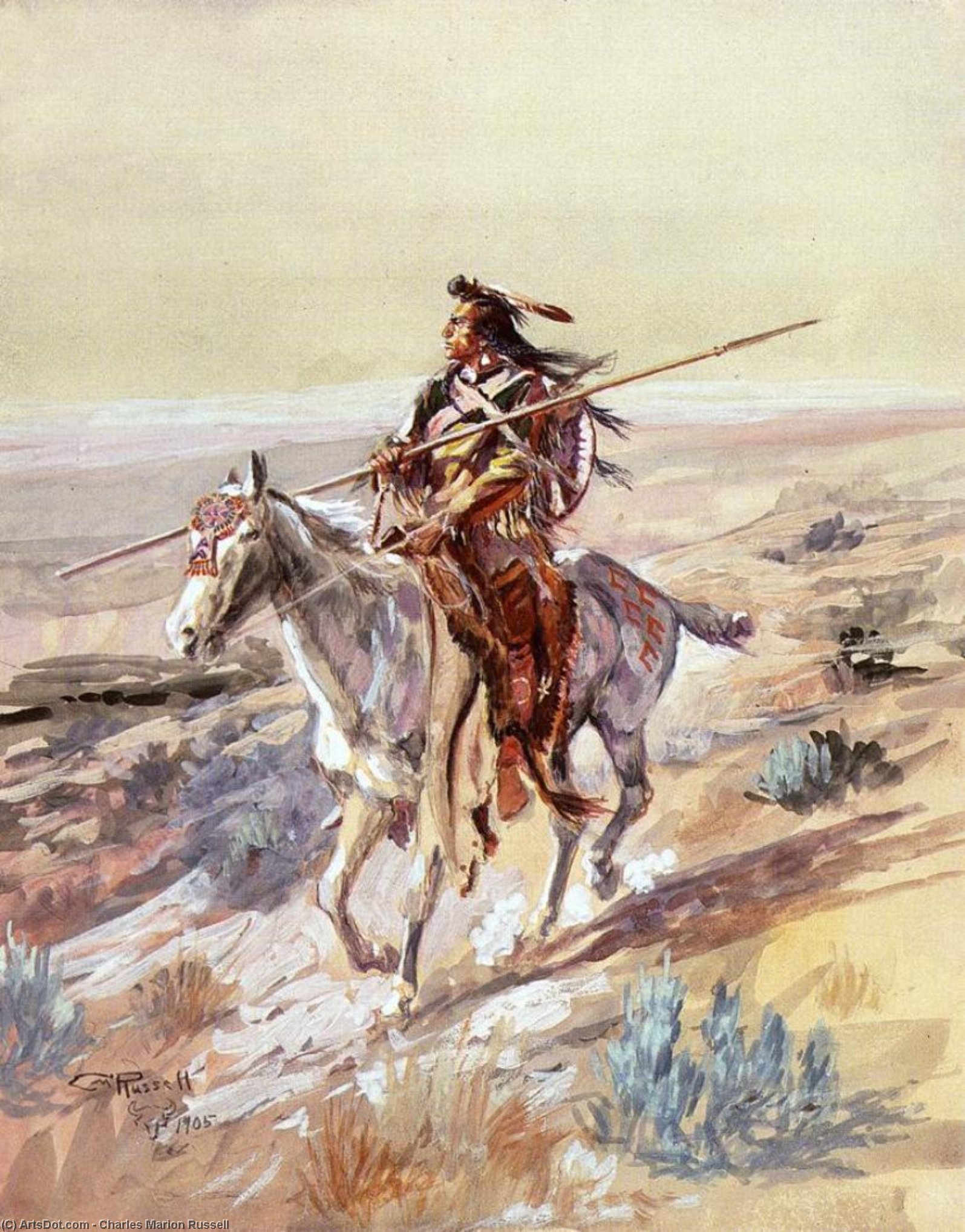 WikiOO.org - Encyclopedia of Fine Arts - Lukisan, Artwork Charles Marion Russell - Indian with Spear