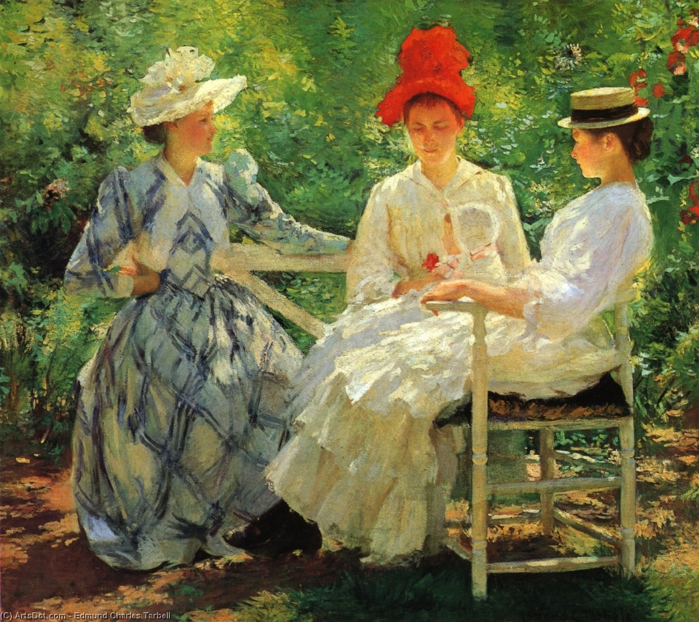 Wikioo.org – L'Encyclopédie des Beaux Arts - Peinture, Oeuvre de Edmund Charles Tarbell - dans un jardin ( également connu sous le nom le trois sœurs - a étudier de juin Lumière du soleil )