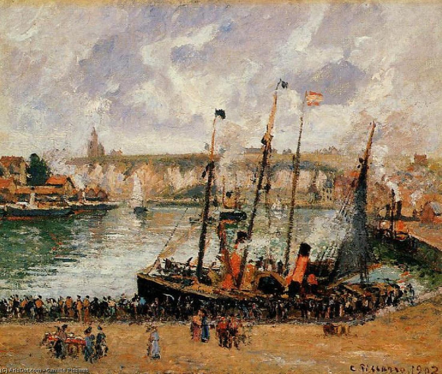 WikiOO.org - Encyclopedia of Fine Arts - Lukisan, Artwork Camille Pissarro - The Inner Harbor, Dieppe: High Tide, Morning, Grey Weather