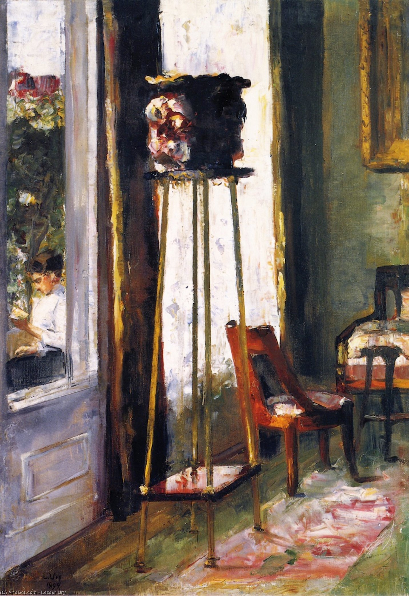Wikioo.org - The Encyclopedia of Fine Arts - Painting, Artwork by Lesser Ury - Interior (also known as Interior Scene with Woman Reading on a Terrace)
