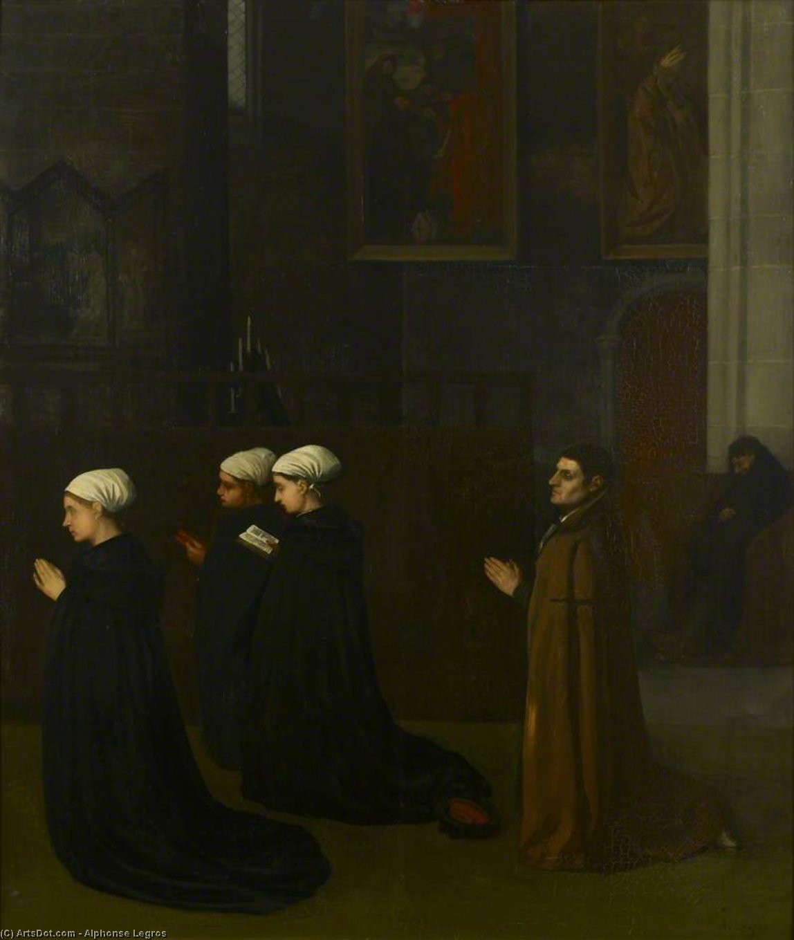 Wikioo.org - The Encyclopedia of Fine Arts - Painting, Artwork by Alphonse Legros - Interior of a Church with kneeling Figures