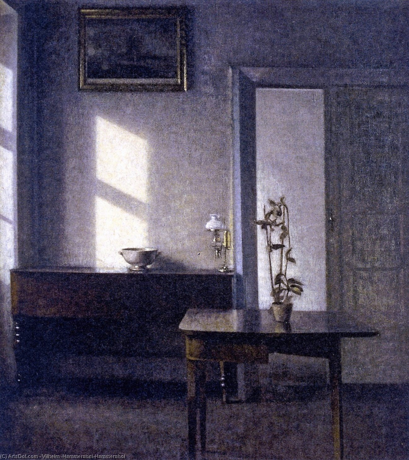 Wikioo.org - The Encyclopedia of Fine Arts - Painting, Artwork by Vilhelm (Hammershøi)Hammershoi - Interior with Potted Plant on Card Table, Bregade 25