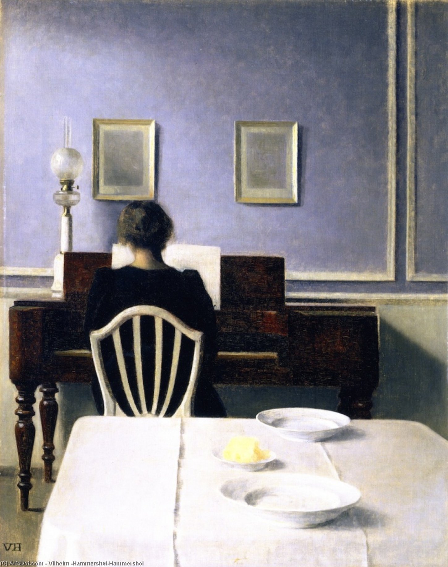 Wikioo.org - The Encyclopedia of Fine Arts - Painting, Artwork by Vilhelm (Hammershøi)Hammershoi - Interior with Woman at Piano, Strandgade 30