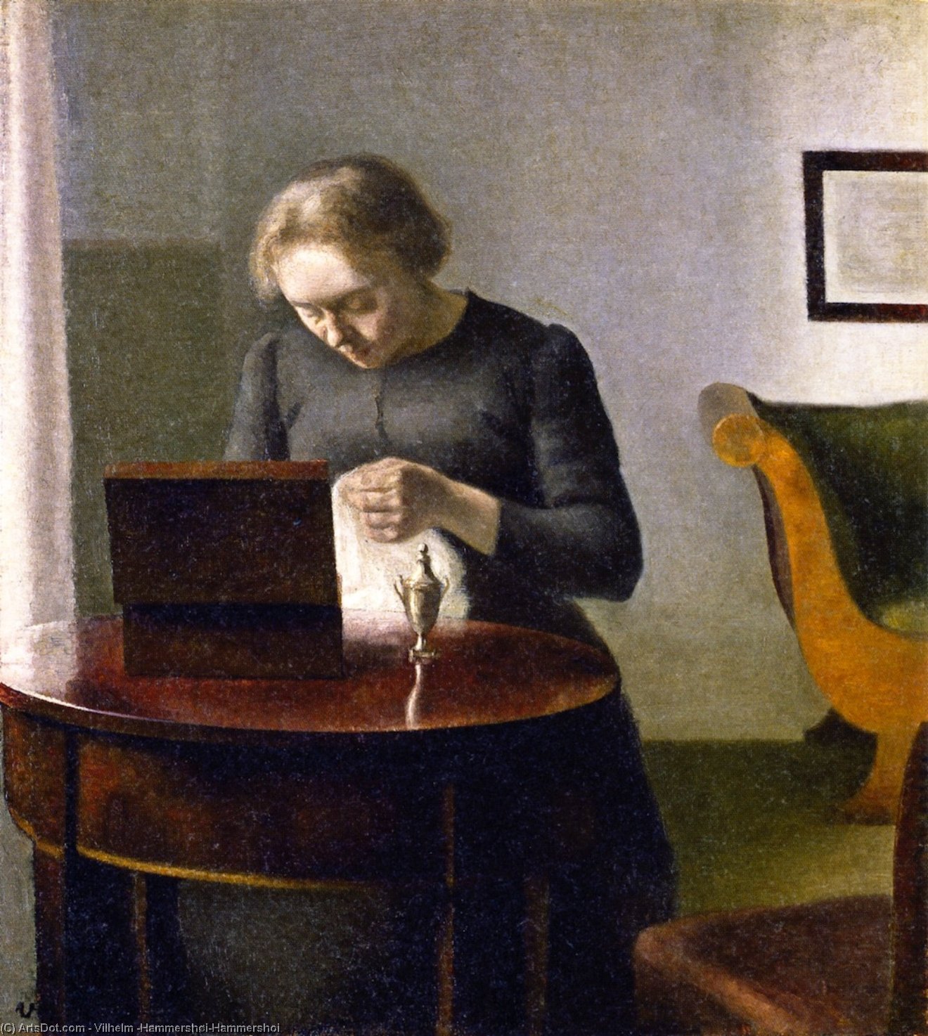 Wikioo.org – L'Encyclopédie des Beaux Arts - Peinture, Oeuvre de Vilhelm (Hammershøi)Hammershoi - intérieur avec une femme à un couture table
