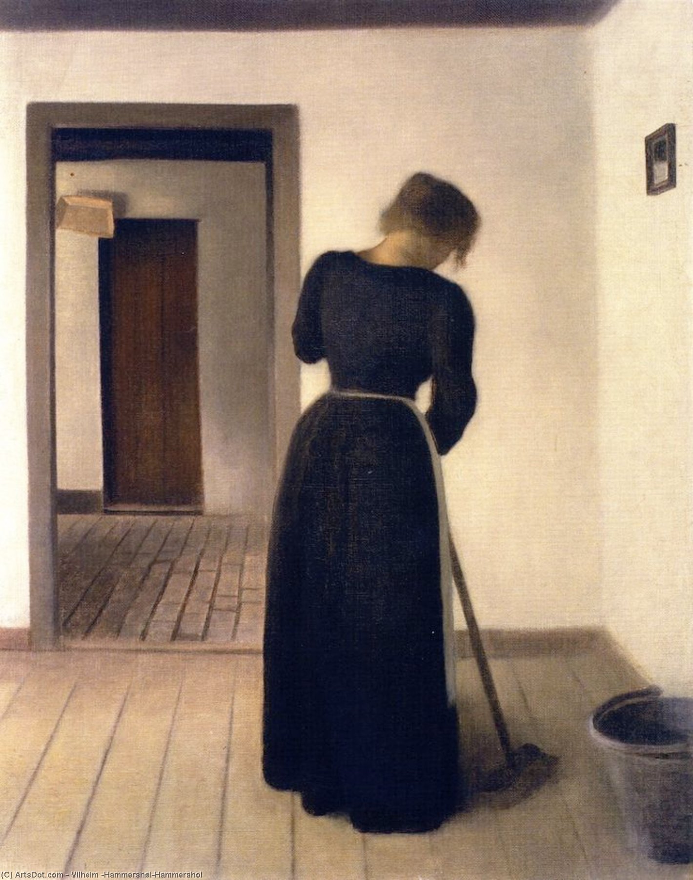 WikiOO.org - אנציקלופדיה לאמנויות יפות - ציור, יצירות אמנות Vilhelm (Hammershøi)Hammershoi - Interior with a Young Woman Sweeping