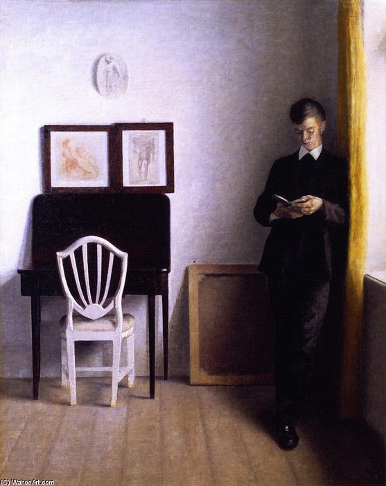 Wikioo.org - The Encyclopedia of Fine Arts - Painting, Artwork by Vilhelm (Hammershøi)Hammershoi - Interior wit a Young Man Reading