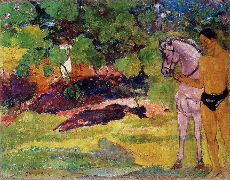 Wikioo.org – La Enciclopedia de las Bellas Artes - Pintura, Obras de arte de Paul Gauguin - en el vanilla grove , hombre y del caballo ( también conocido como el rendezvous )