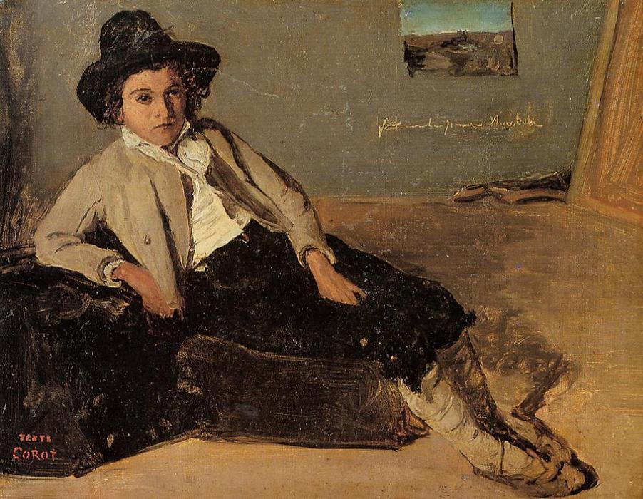 Wikioo.org - The Encyclopedia of Fine Arts - Painting, Artwork by Jean Baptiste Camille Corot - Italian Youth Sitting in Corot's Room in Room