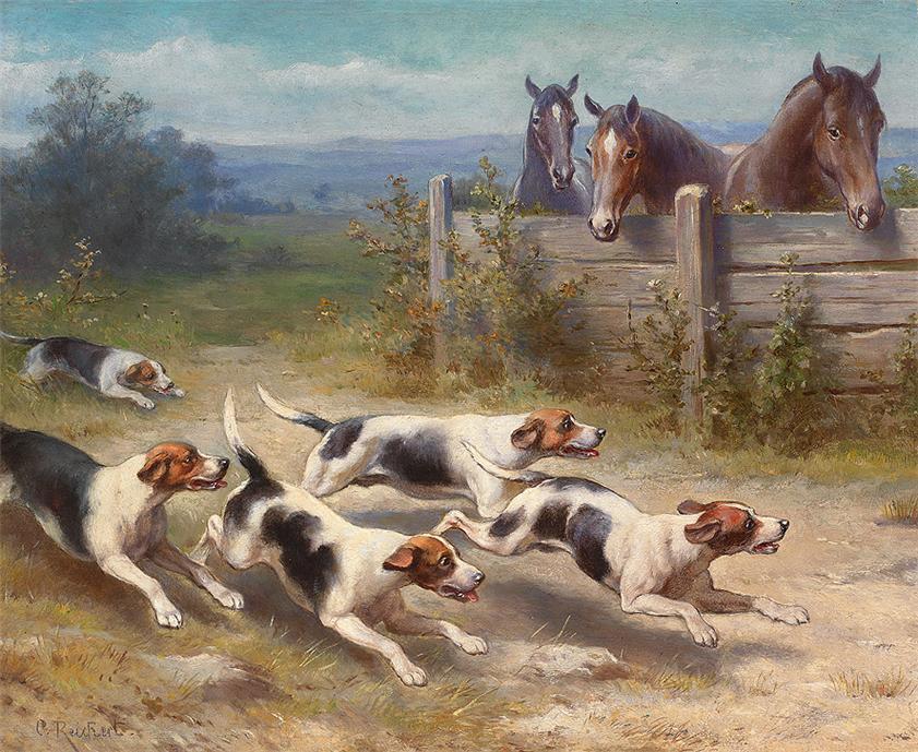 Wikioo.org - The Encyclopedia of Fine Arts - Painting, Artwork by Carl Reichert - Jack Russell chasing pack
