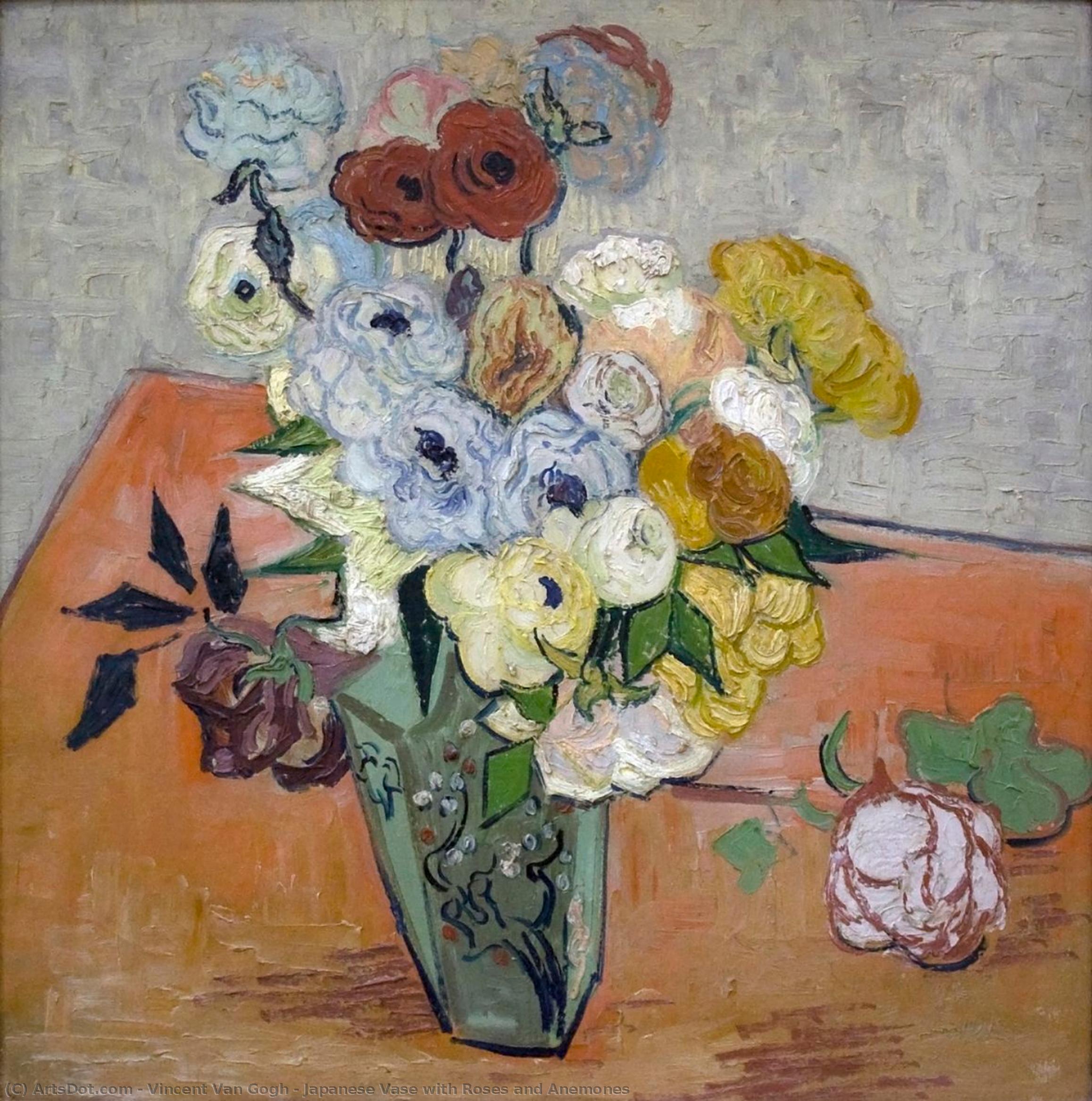 WikiOO.org - Encyclopedia of Fine Arts - Maľba, Artwork Vincent Van Gogh - Japanese Vase with Roses and Anemones