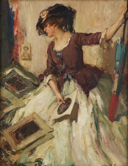 Wikioo.org - The Encyclopedia of Fine Arts - Painting, Artwork by Fernand Toussaint - Jeune femme comtemplant de croquis with Parasol