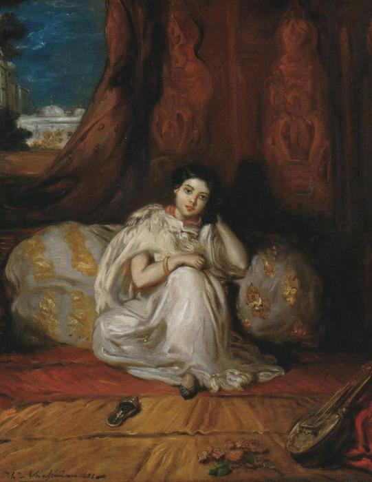 Wikioo.org - The Encyclopedia of Fine Arts - Painting, Artwork by Théodore Chassériau - Jeune fille mauresque, assise dans un riche intérieur (also known as Almée)