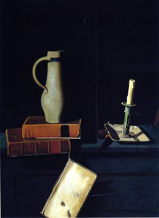 Wikioo.org - The Encyclopedia of Fine Arts - Painting, Artwork by John Frederick Peto - Jug, Books and Candle on a Cupboard Shelf