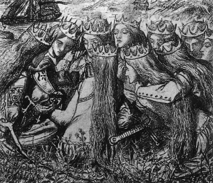 WikiOO.org - Encyclopedia of Fine Arts - Lukisan, Artwork Dante Gabriel Rossetti - King Arthur and the Weeping Queens