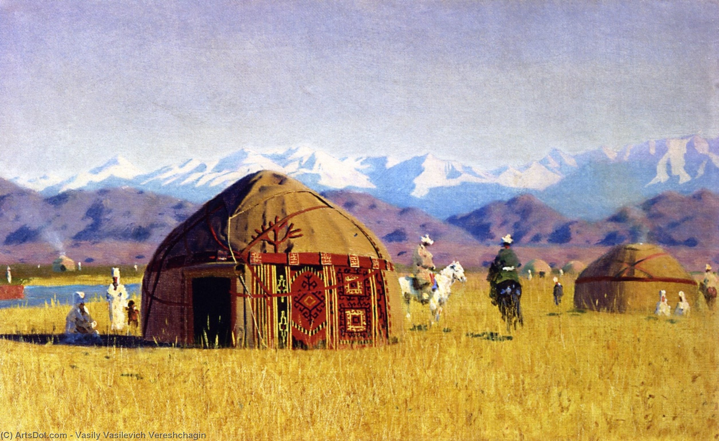 Wikioo.org - The Encyclopedia of Fine Arts - Painting, Artwork by Vasily Vasilevich Vereshchagin - Kirghiz Nomad Tents on the River Chu