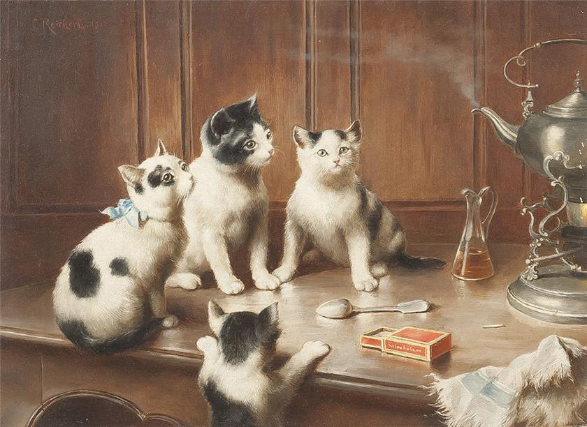 Wikioo.org - The Encyclopedia of Fine Arts - Painting, Artwork by Carl Reichert - Kittens at Teatime