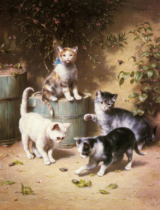Wikioo.org - The Encyclopedia of Fine Arts - Painting, Artwork by Carl Reichert - Kittens Playing with Beetles