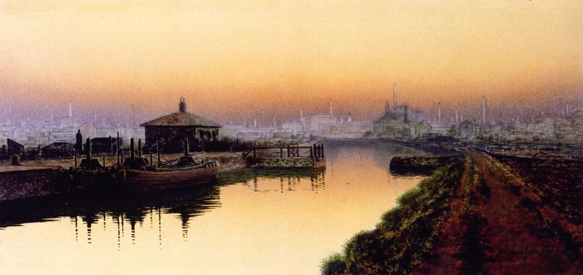 Wikioo.org - The Encyclopedia of Fine Arts - Painting, Artwork by John Atkinson Grimshaw - Knostrop Cut, Leeds, Sunday Night