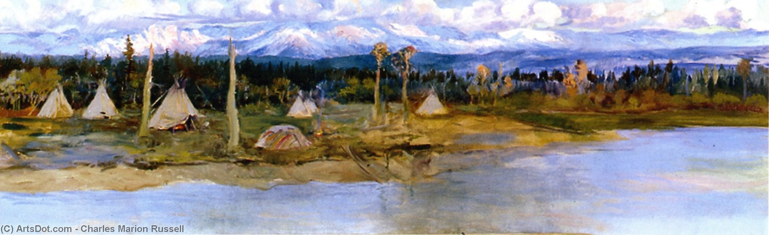 Wikioo.org - The Encyclopedia of Fine Arts - Painting, Artwork by Charles Marion Russell - Kootenai Camp on Swan Lake (unfinished)