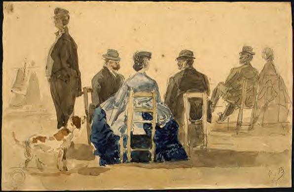 Wikioo.org - Die Enzyklopädie bildender Kunst - Malerei, Kunstwerk von Eugène Louis Boudin - damen und herren sitzend am strand mit ein hund