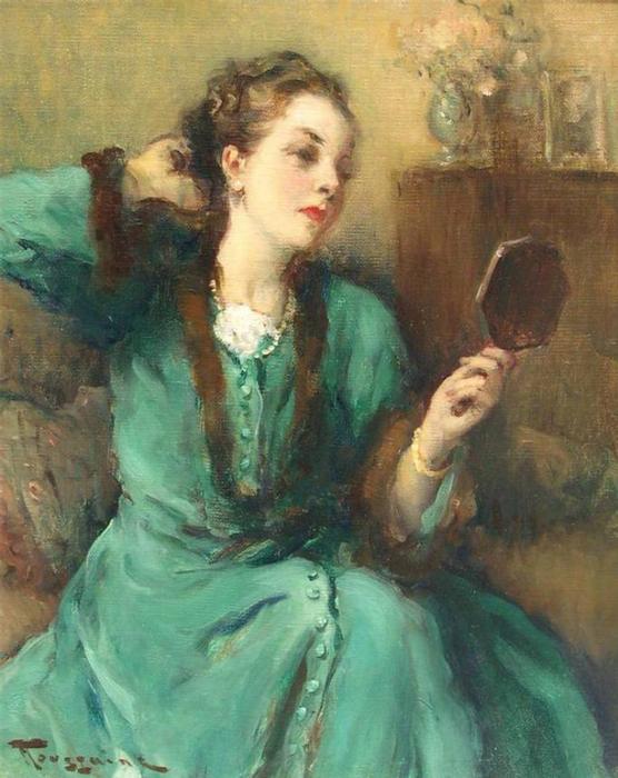 WikiOO.org – 美術百科全書 - 繪畫，作品 Fernand Toussaint -  女士  在  绿色  礼服  与  镜像