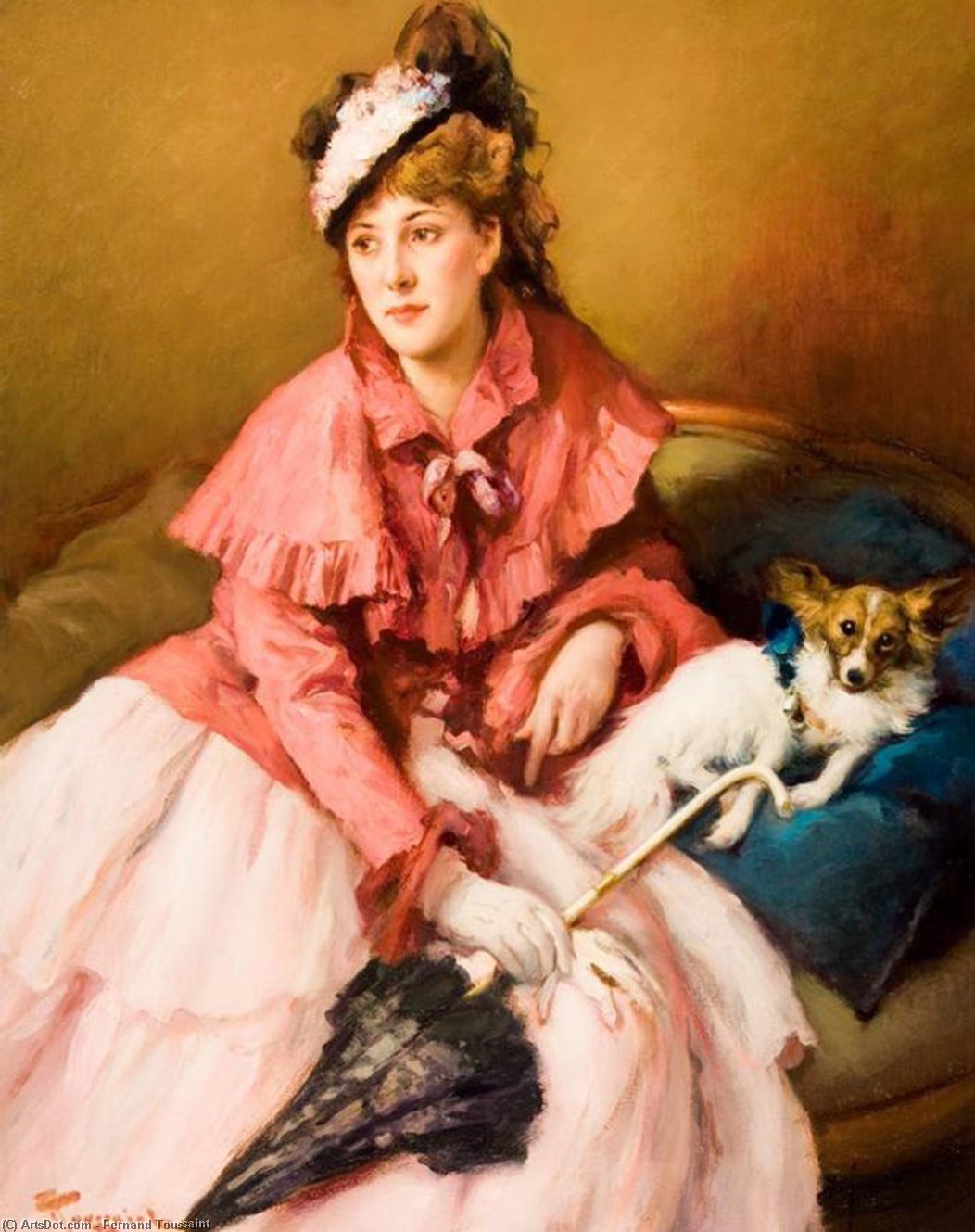 Wikioo.org - The Encyclopedia of Fine Arts - Painting, Artwork by Fernand Toussaint - Lady in White Dress with Dog