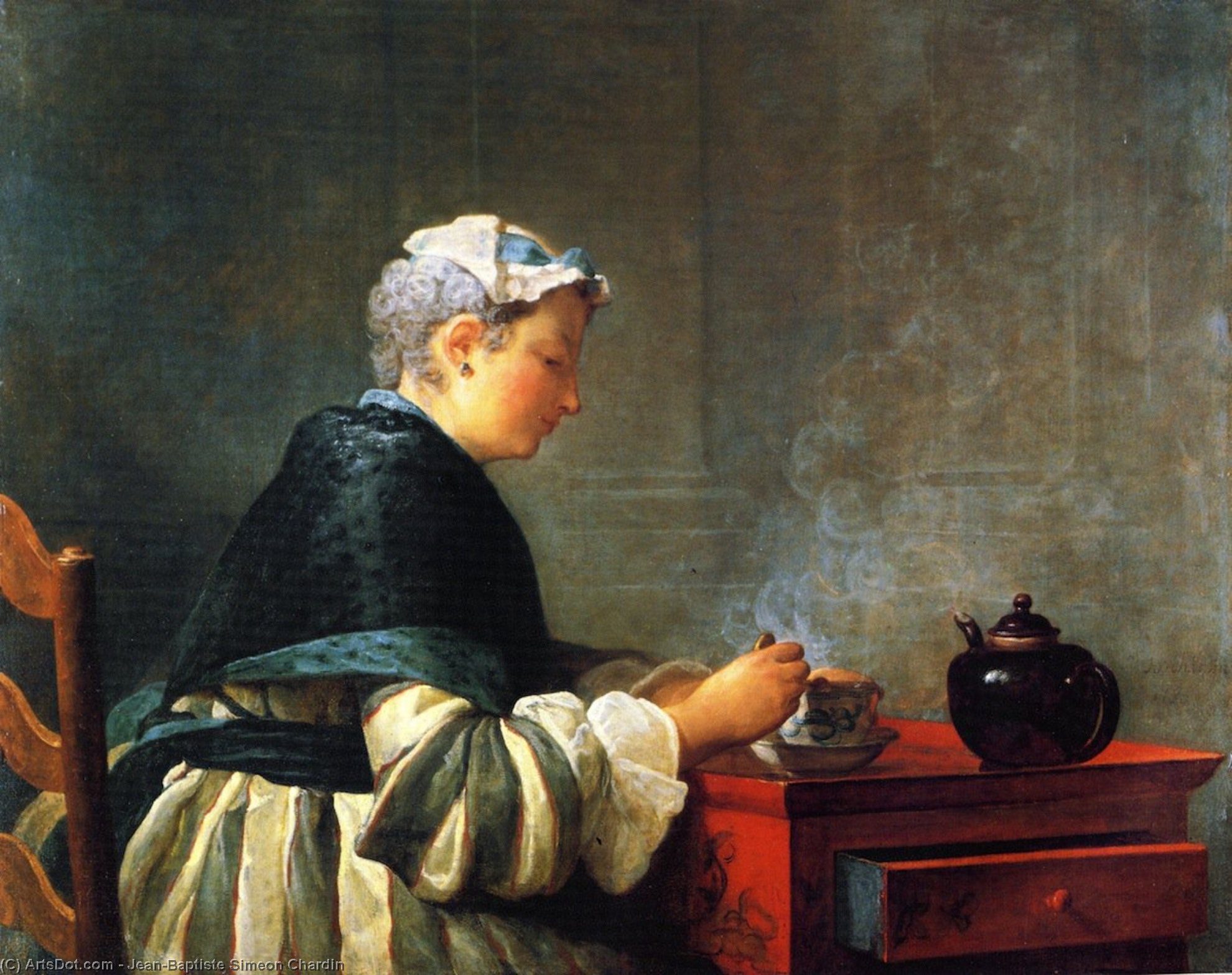 Wikioo.org - The Encyclopedia of Fine Arts - Painting, Artwork by Jean-Baptiste Simeon Chardin - A Lady Taking Tea